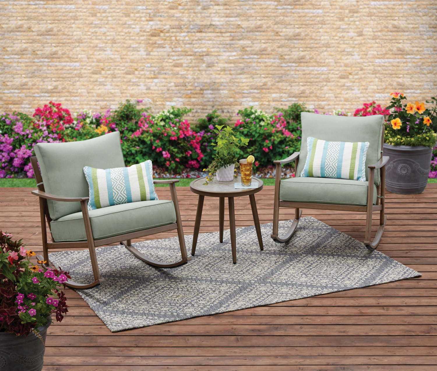New Cushioned Roxbury 3 Piece Cushion Rocking Chair And Table Set Blue/Green
