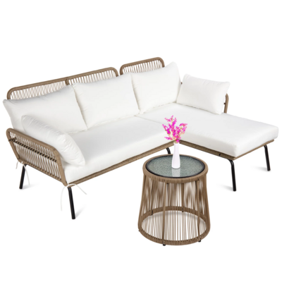 Outdoor Rope Woven Sofa Patio Furniture, L-Shaped Sectional Conversation Set w/ Table - White