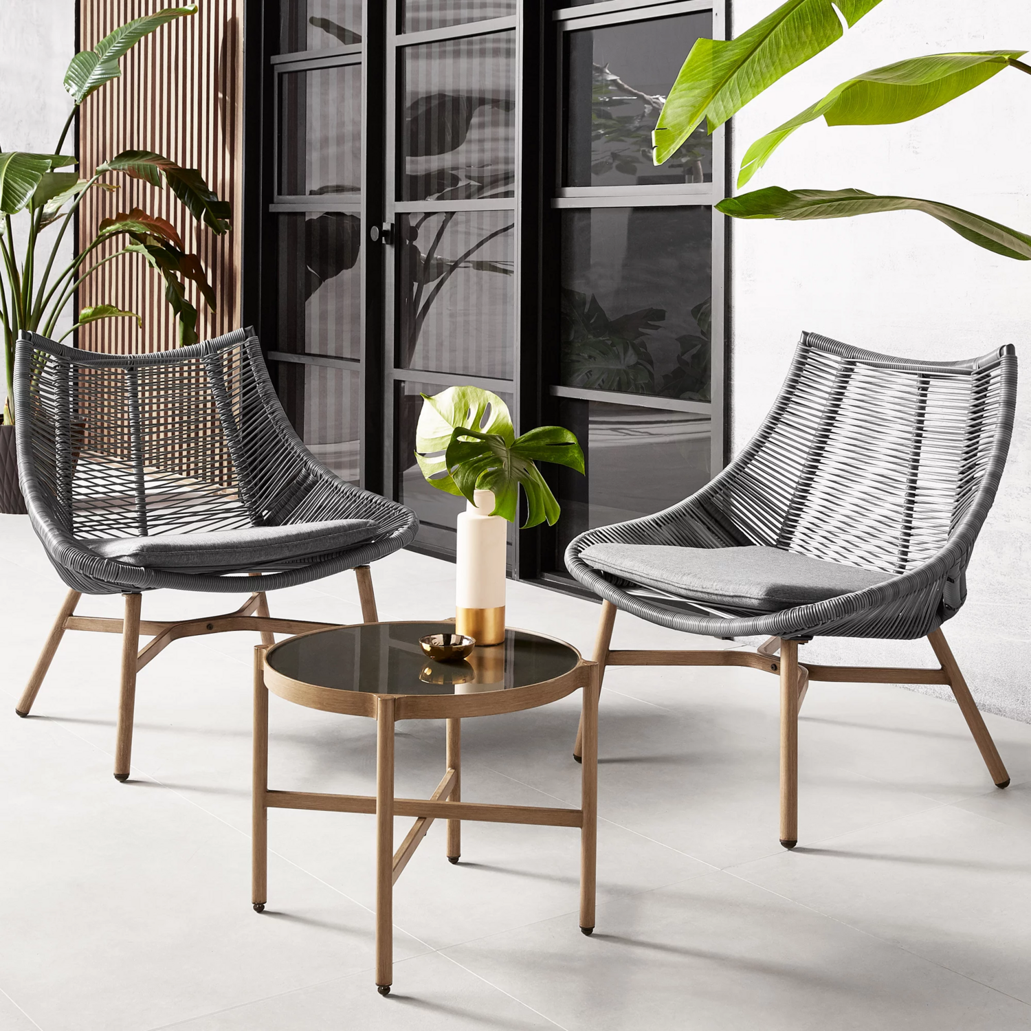 3-Piece Outdoor Conversation Set Rope Chat Chairs Table Patio Furniture Grey