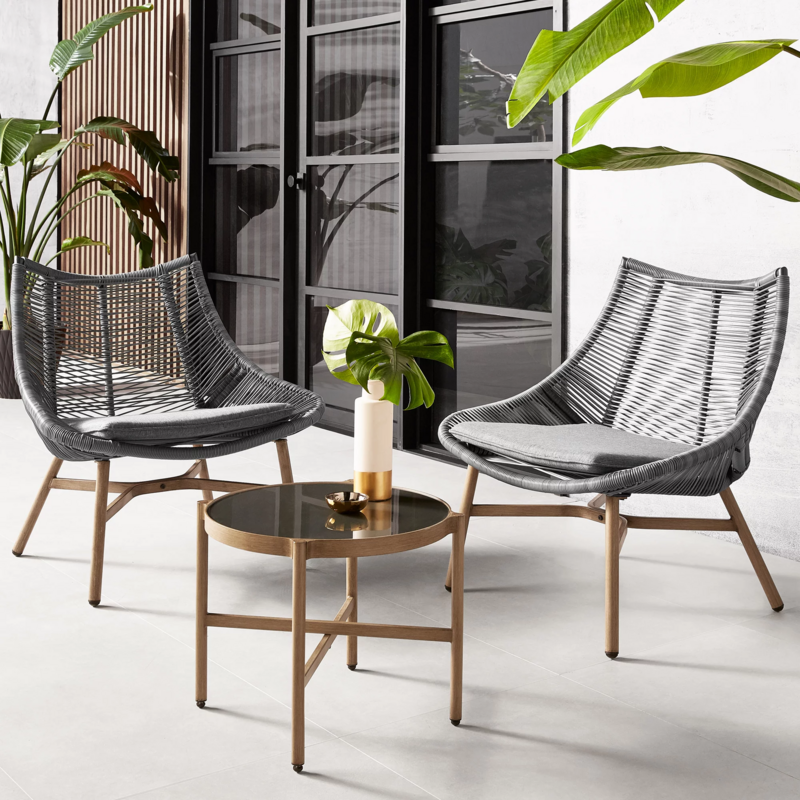 3-Piece Outdoor Conversation Set Rope Chat Chairs Table Patio Furniture Grey