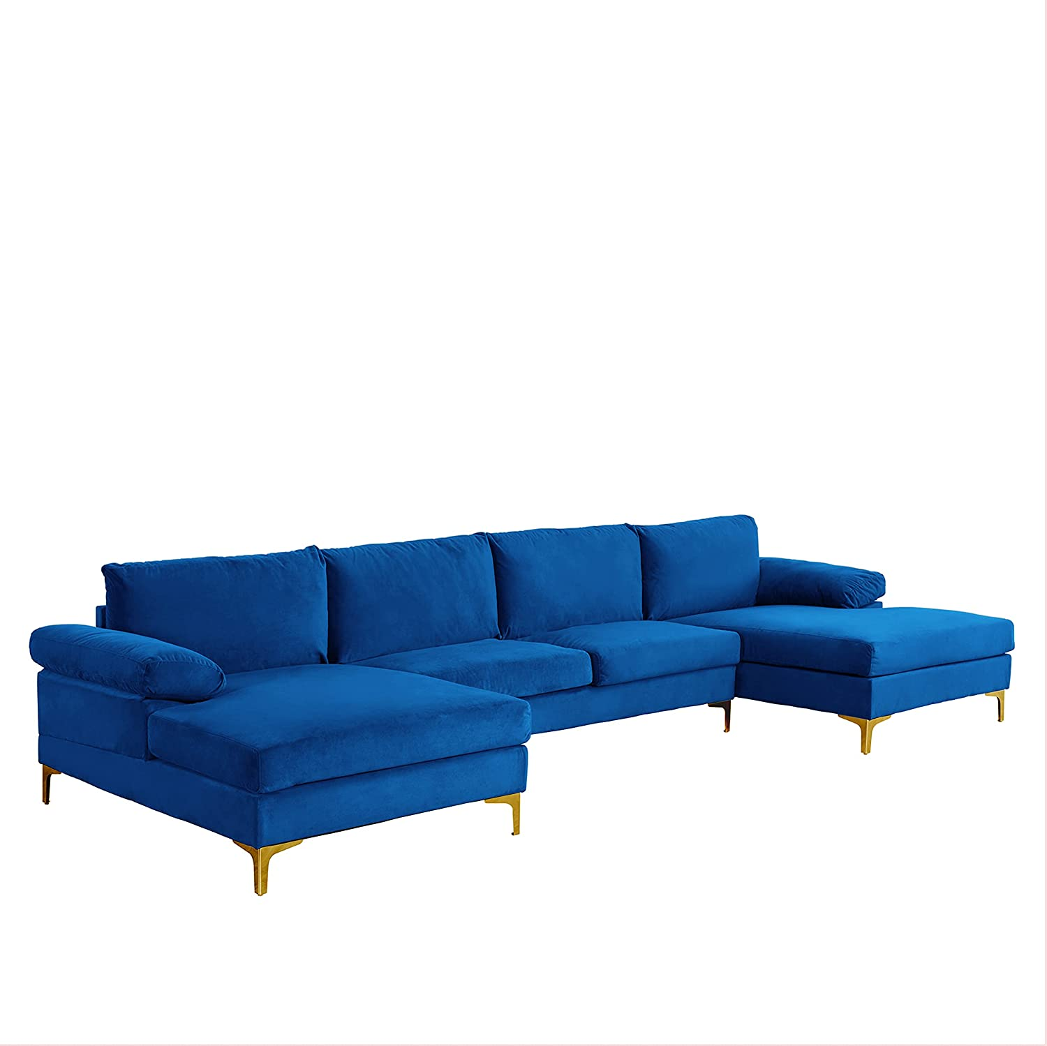 Modern Large Velvet Fabric Sectional Sofa Couch with Extra Wide Chaise Lounge with Golden Legs, U Shaped, Navy