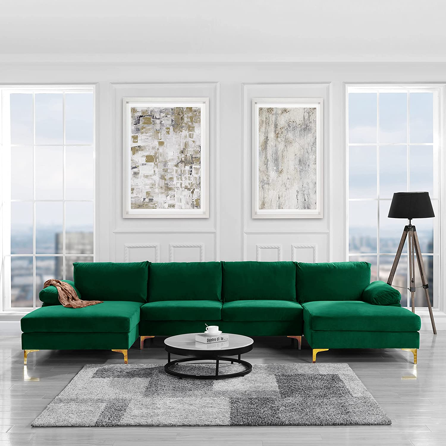 Modern Large Velvet Fabric Sectional Sofa Couch with Extra Wide Chaise Lounge with Golden Legs, U Shaped, Green