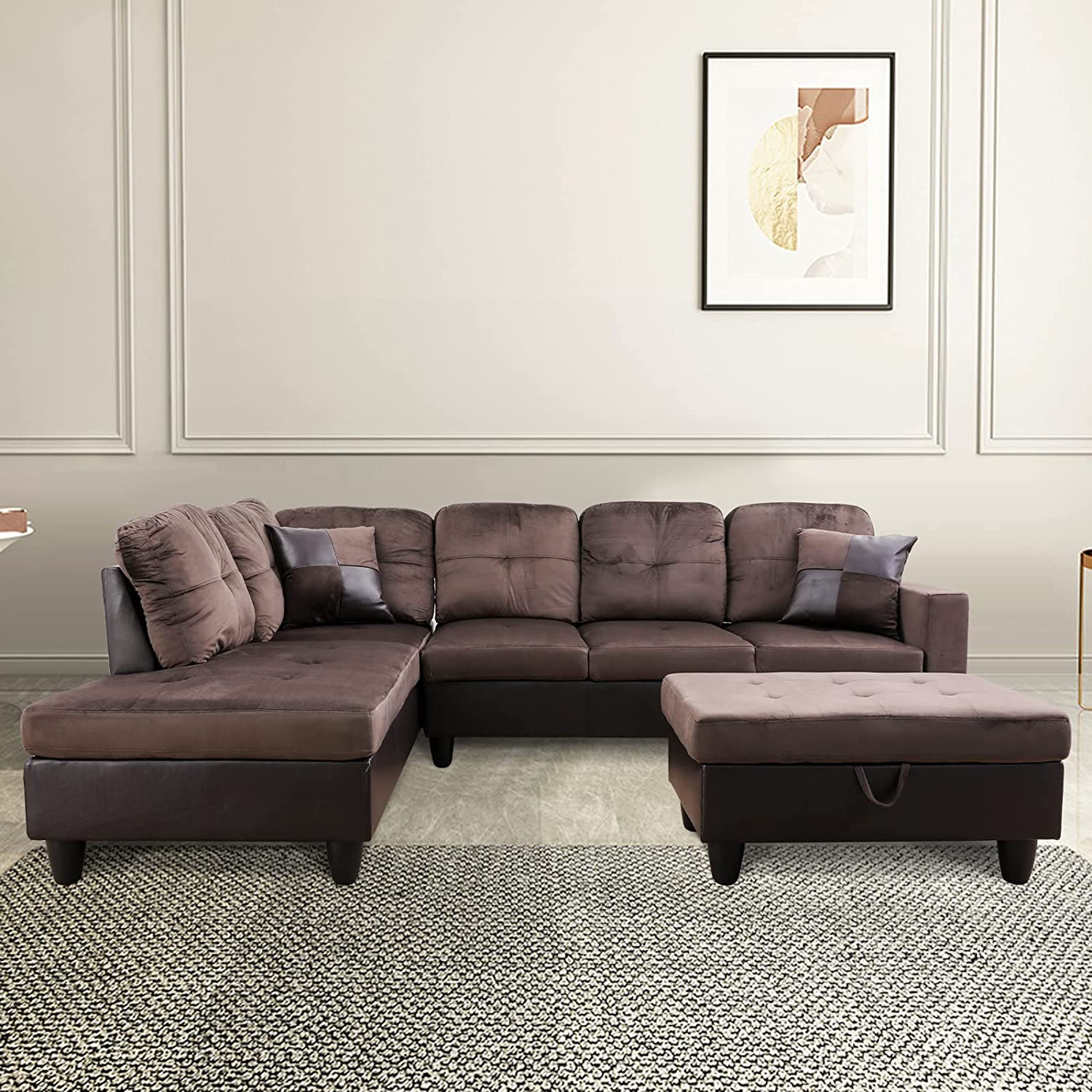 3 PCS Sectional Sofa Set, L-Shaped Sectional Couch 103&quot; W for Living Room, with Storage Ottoman and Matching Pillows (Left Hand Facing, Espresso)