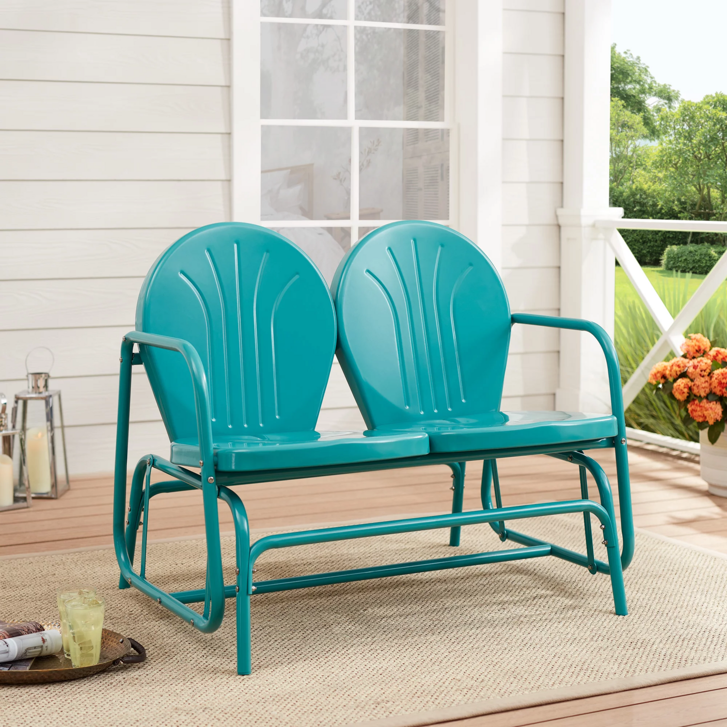 Retro Teal Outdoor Love Seat 2 Person Metal Patio Porch Garden Glider Bench New