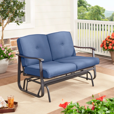 Outdoor Rocking Glider Bench Cushion Steel Park Deck Patio Porch Garden Blue