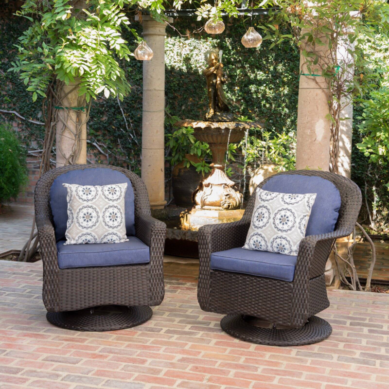 Liam Outdoor Wicker Swivel Club Chairs with Water Resistant Cushions, 2-Pcs Set