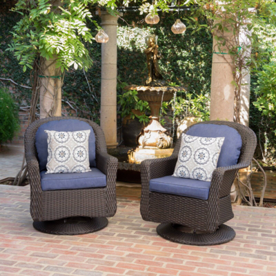 Liam Outdoor Wicker Swivel Club Chairs with Water Resistant Cushions, 2-Pcs Set
