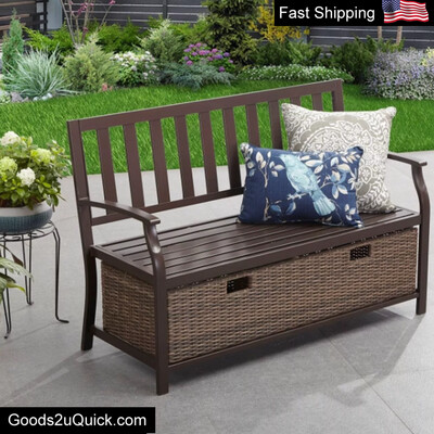 Outdoor Wicker Bench W/Storage Box Weather Resistant Durable Porch Entryway New