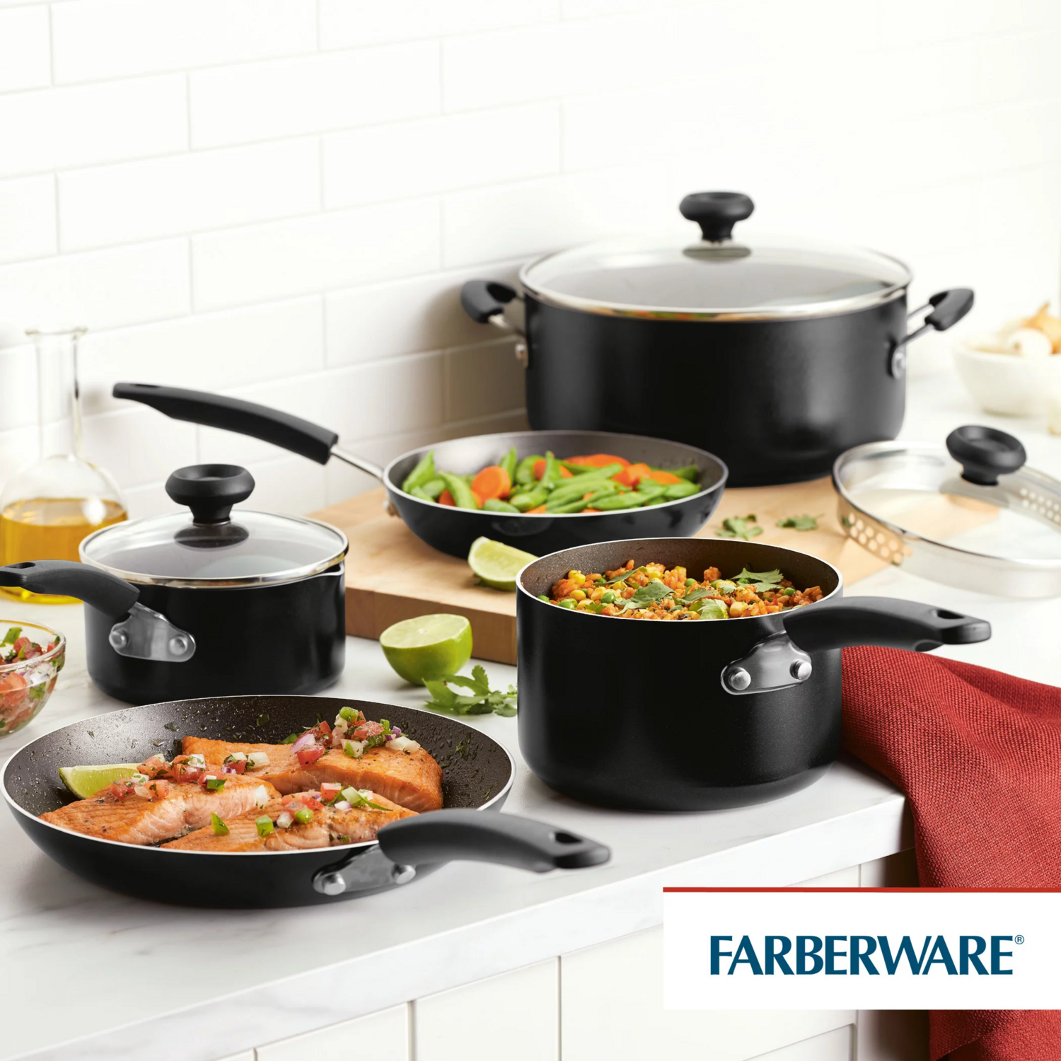 Farberware 12-Piece Easy Clean Nonstick Pots and Pans/Cookware Set, Black