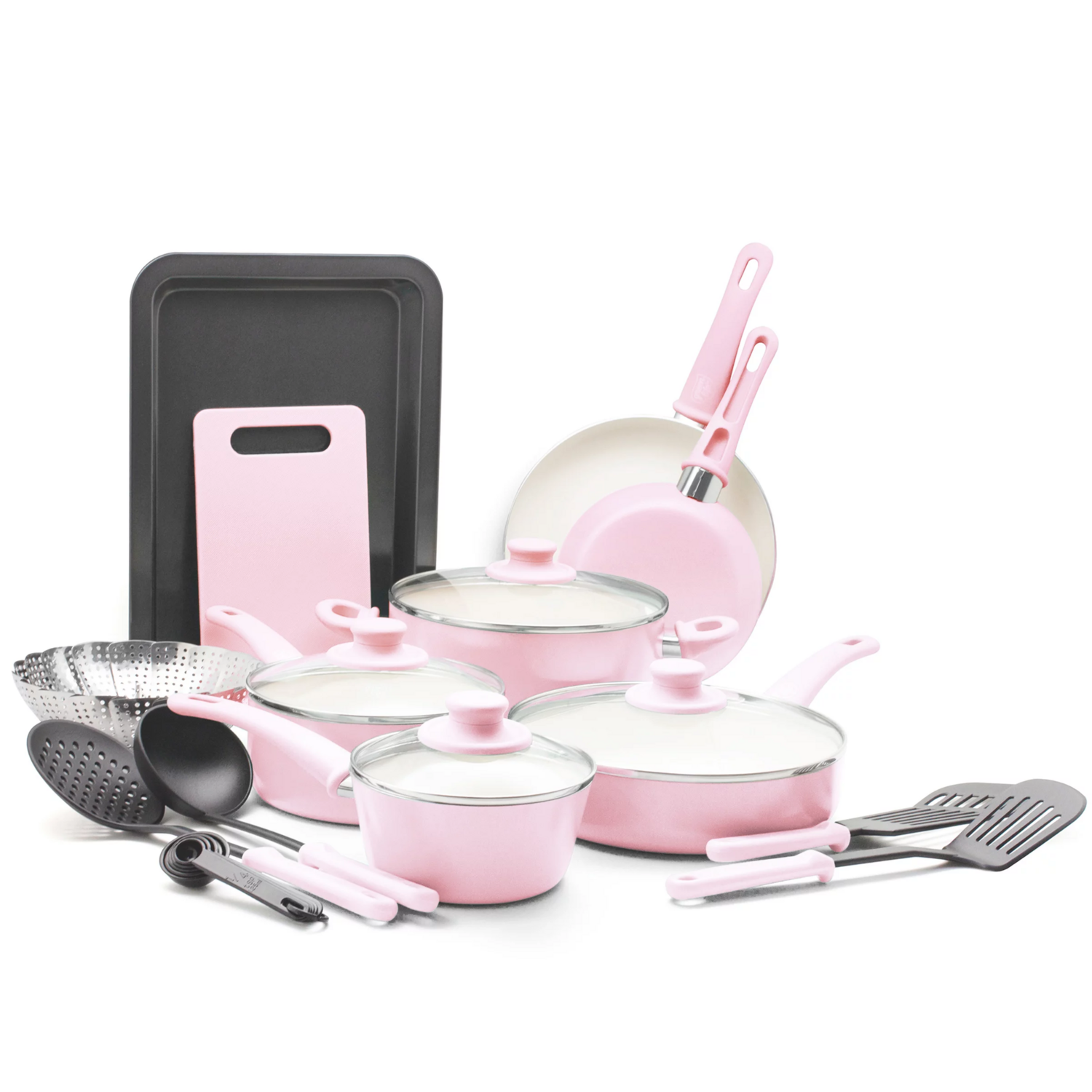 GreenLife Soft Grip 18 Piece Cookware Set, Pink