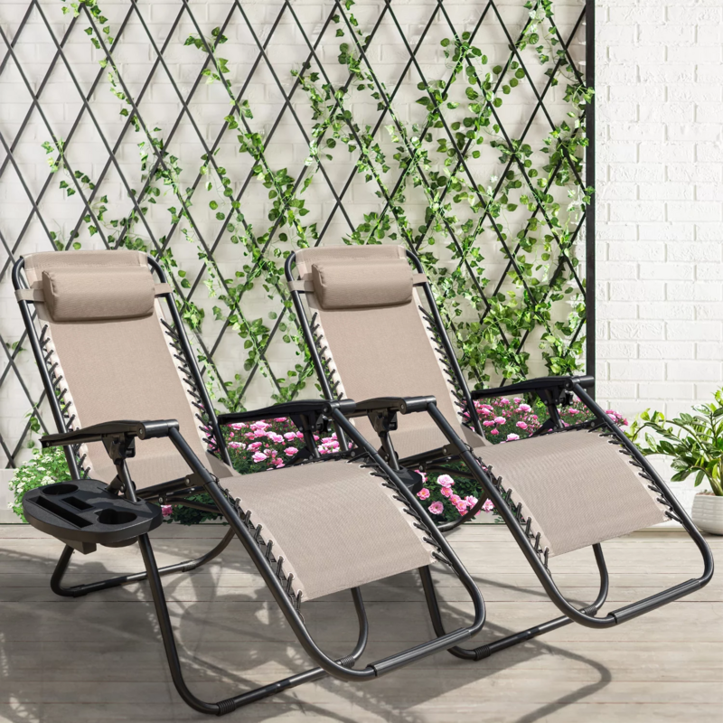 Zero Gravity Outdoor Foldable Lounge Chair, Pack of 2, Beige