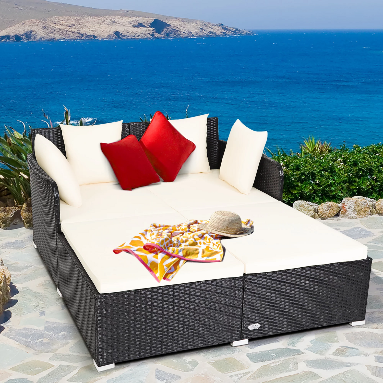 Goods2UQuick Outdoor Patio Rattan Daybed Pillows Cushioned Sofa Furniture Beige