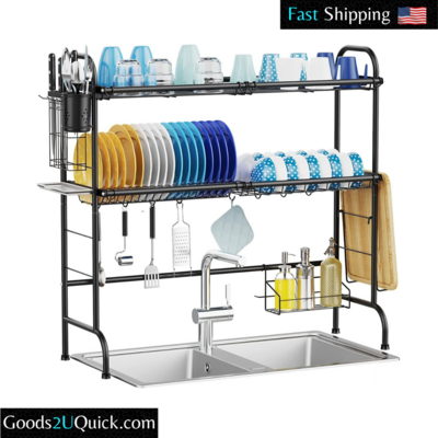 2 Tier Stainless Steel Over The Sink Dish Drying Rack Kitchen Organizer Non-Slip