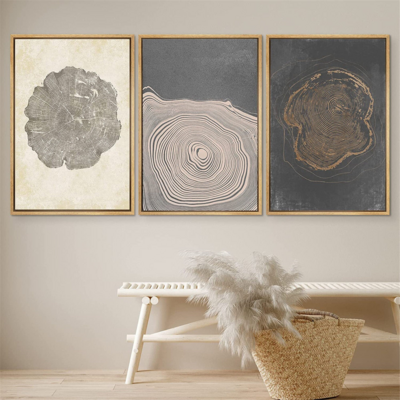 DustinWay Framed Canvas Print Wall Art Set of 3 Pastel Grunge Forest Tree Rings Abstract Illustrations Modern Art Nordic Decor for Bedroom