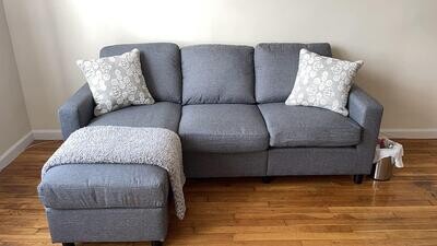 3 Seater Sectional Sofa Linen Fabric Reversible Chaise L-Shaped Couch w/Ottoman