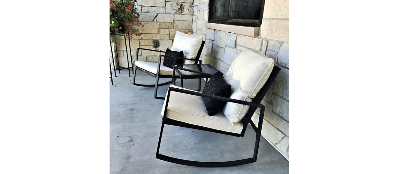 Set of 2 Beige Outdoor Rocking Chair Patio Set Furniture & Glass Coffee
