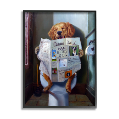 Stupell Home Décor Collection Dog Reading the Newspaper On Toilet Funny Painting Framed Giclee Texturized Art, 11 x 1.5 x 14