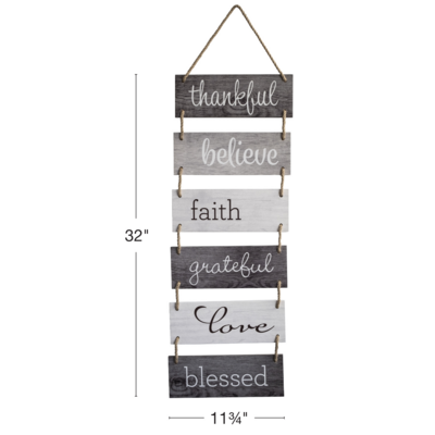 Excello Global Products Large Hanging Wall Sign: Rustic Wooden Decor (Grateful, Love, Believe, Thankful, Faith, Blessed) Hanging Wood Wall Decoration (11.75&quot; x 32&quot;) - EGP-HD-0136
