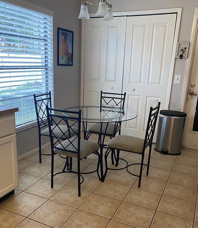 Kitchen Dining Set 5-Piece Glass Top Table Metal Black Beige Padded Seat Dinette