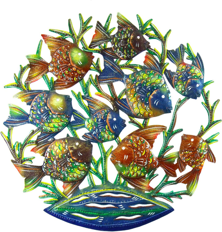 Global Crafts 24&quot; Recycled Handmade Haitian Metal Wall Art Sea Life, School Fish