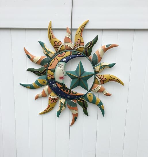 Iron Multicolored Celestial Sun, Moon, and Star Metal Work Home Decor Living Room Patio Decoration Outdoors