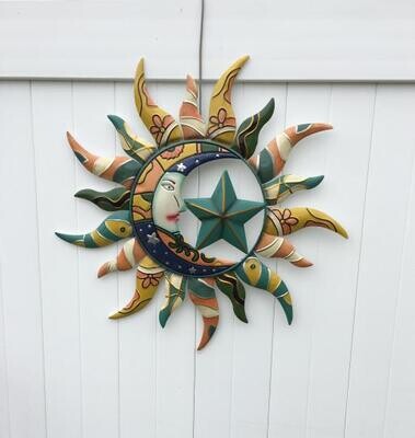 Iron Multicolored Celestial Sun, Moon, and Star Metal Work Home Decor Living Room Patio Decoration Outdoors