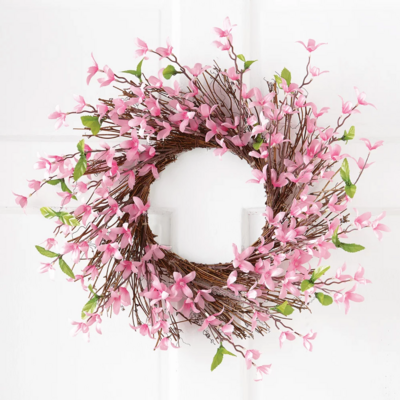 Collections Etc Spring Forsythia Floral Twig Door Wreath - Seasonal Door Accent for Any Room, Pink
