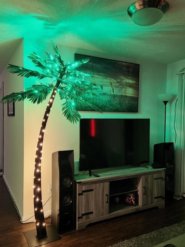 Decorative Tree Inside Outside 7 ft. Pre-Lit LED Palm Artificial Christmas Tree with Green Leaves and 96 LED Lights