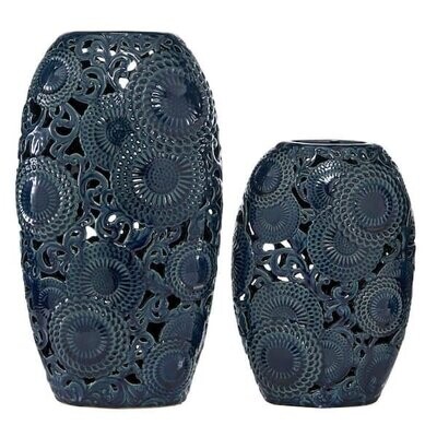 (Set of 2) Blue Ceramic Floral Decorative Vase with Cut Out Patterns Vases Artificial Flowers Beautiful Home Decor