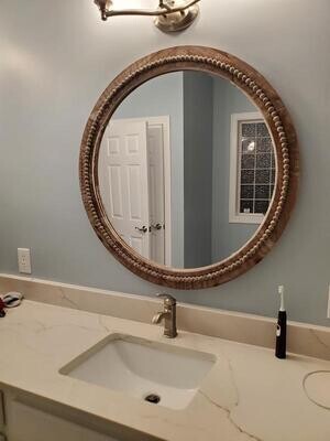 Home decor Accent Bathroom Living Room Mirror 28 in. x 28 in. Distressed Round Framed Brown Wall Mirror with Beaded Detailing