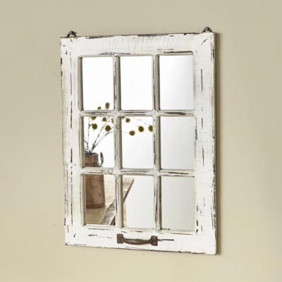 Home decor accent wall Distressed Wood Windowpane Mirror - Rustic Home Decoration - White