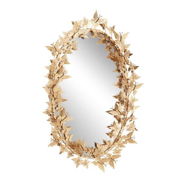 Elegant Classy Home decor Living Room Bathroom 33 in. x 19 in. Oval 3D Round Framed Gold Butterfly Wall Mirror