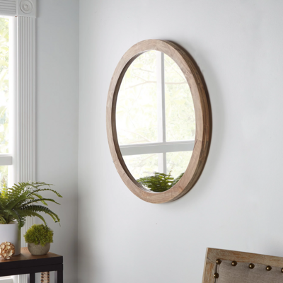 Home accent decor decorative Modern Farmhouse 24&quot; Round Wood Wall Mirror, Gray