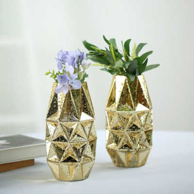Set of 2 Home Accent Home Decor 7&quot; Gold Mercury Glass Vases Geometric Vases Flower Centerpieces