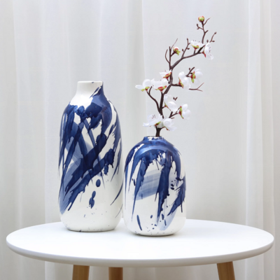 Teresa&#39;s Collections 10&#39;&#39;H, 6.5&#39;&#39;H Modern Ceramic Vases, Home Decor Accents, Navy Blue and White Vases for Flowers, Decorative Tall Vases for Table Centerpieces, Mantel, Shelf, Living Room, Set of 2