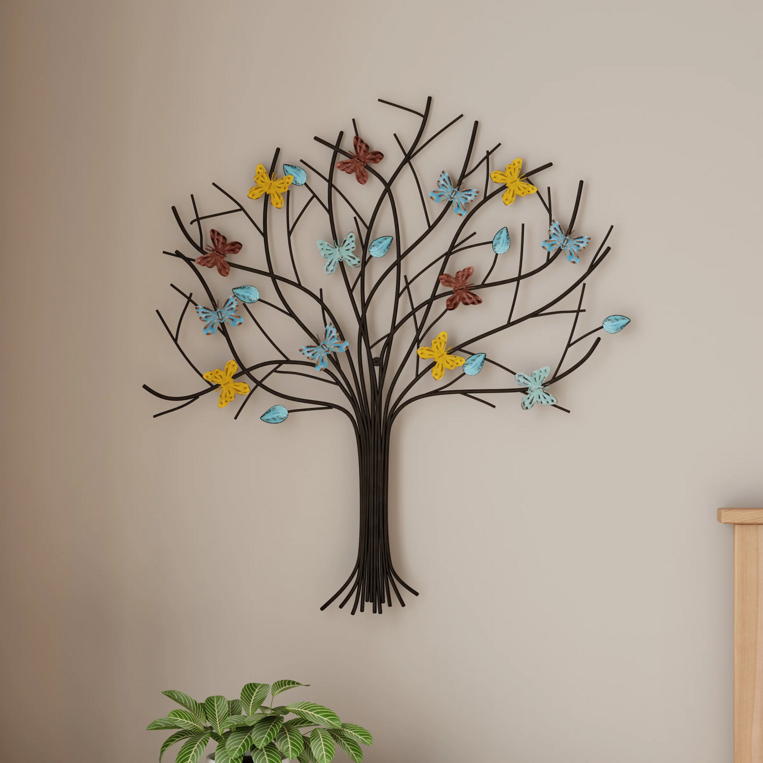 Tree of Life Butterfly Metal Wall Art- Hand Painted Decorative 3D Butterflies/Leaves for Modern Farmhouse Rustic Home or Office Decor By Lavish Home