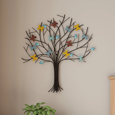 Tree of Life Butterfly Metal Wall Art- Hand Painted Decorative 3D Butterflies/Leaves for Modern Farmhouse Rustic Home or Office Decor By Lavish Home