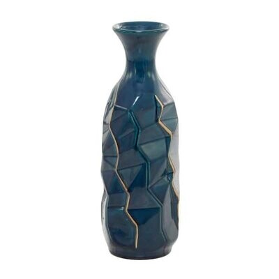 Home accent Vases Artificial Plant Statue Blue Faceted Ceramic Decorative Vase with Gold Accents