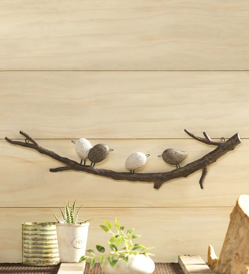 Home decor Accent Art Wind &amp; Weather Four Faux River Rock Birds on a Metal Branch Wall Art