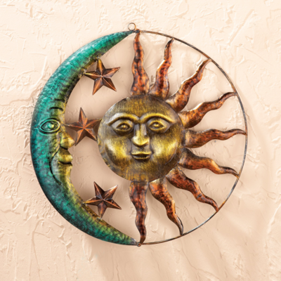 Home decor accent Collections Etc Artistic Sun and Moon Metal Wall Art for Indoors or Outdoors with Rustic Finish, Brown