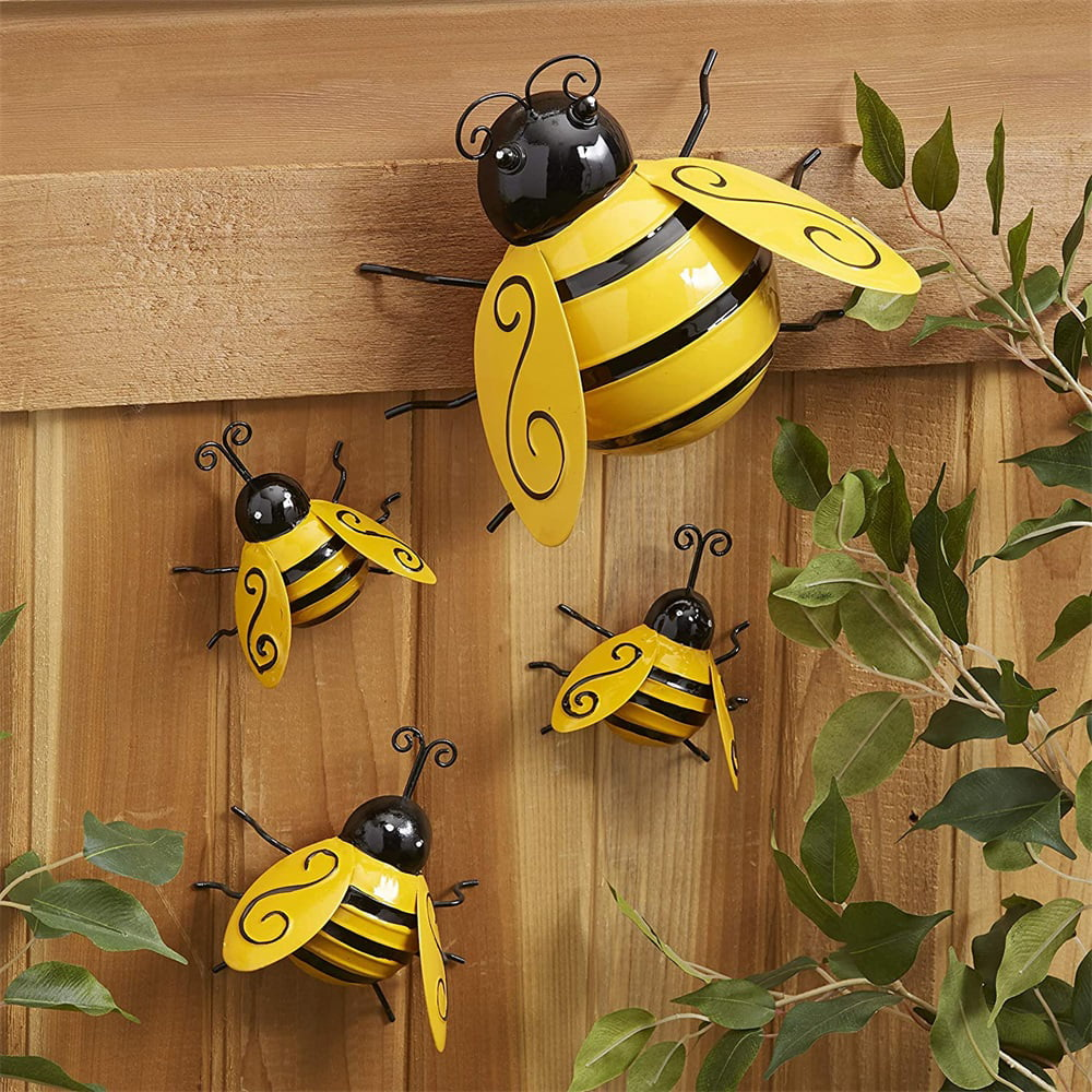 Metal Wall Art Home Accents Bumble Bee - 4 Pack 3D Sculpture Wall Art Bee Ornament Inspirational Wall Decor Hanging Bumblebee Art Decoration for Garden Accents Yard Indoor Outdoor
