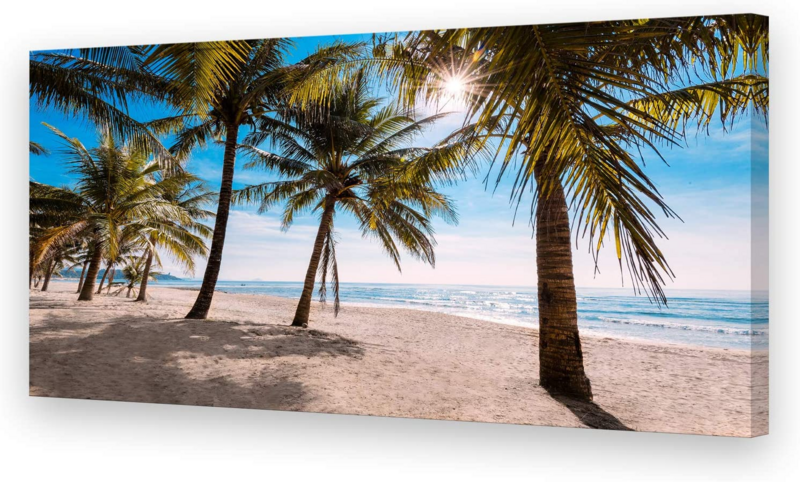 Cao Gen Decor Art S05675 Seascape Canvas Wall Art Sun Summer Blue Ocean Waves Coconut Trees on Sands Beach Painting Sea Nature Pictures Framed Ready to Hang for Living Room Home Office Decor Artwork