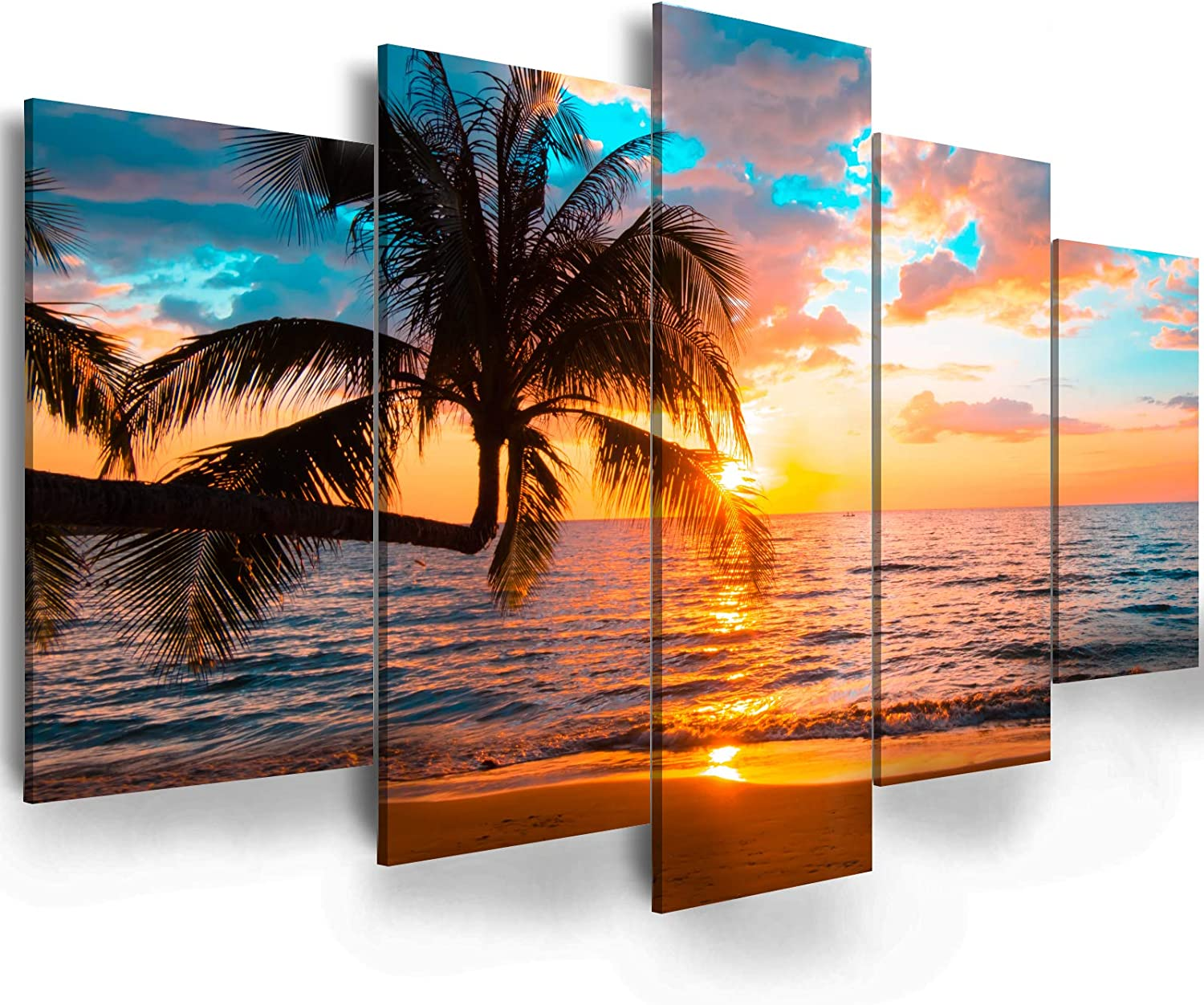Abstract beach canvas wall art Landscape Art - 5 Pieces Canvas Wall Art, Beach Canvas Wall Art, Sunset On Ocean beach picture, nature landscape (C-5pcs,40&quot;x20&quot;)
