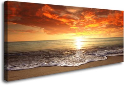 Canvas Prints Wall Art Sunset Ocean Beach Pictures Photo Paintings for Living Room Bedroom Home Decorations Modern Stretched and Framed Seascape Waves Landscape Giclee Artwork