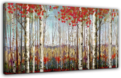 Canvas Wall Art for Living Room Bedroom Modern Wall Decor of Red Leaves White Birch Tree Forest Giclee Print Painting Artwork Wall Decoration 24x48 Large Size with Wood Framed Easy to Hang for Home