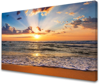 Wall Art Decor Large Canvas Print Picture Sunrise Ocean Beach 1 Panel Waves Scenery Modern Painting Artwork for Office Wall Decor Home Decoration Stretched and Framed Ready to Hang