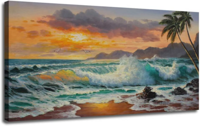 Ardemy Palm Tree Canvas Wall Art Beach Sunset Seawave Tropical Picture Blue Ocean, Seascape Beach Painting Large Framed Panoramic Landscape for Bathroom Living Room Bedroom Home Office Decor, 48&quot;x24&quot;