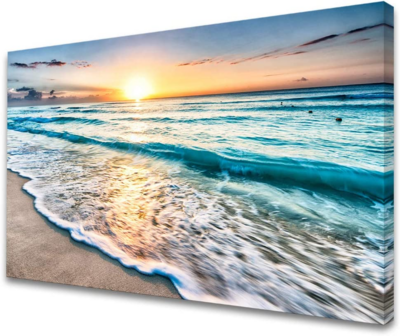 Canvas Prints Wall Art Beach Sunset Paintings Ocean Waves Nature Pictures Stretched Canvas Wooden Framed for Living Room Bedroom and Home Office Wall Decor Posters