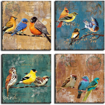 Bird Canvas Wall Art for Bedroom 20x20 4 Pieces Animal Picture Framed Artwork Vintage Prints Ready to Hang for Home Bathroom Kitchen Office Decoration