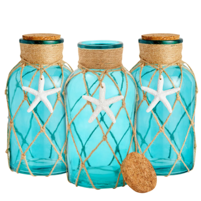 Adorable Cute Home Decor (3 Pack) Blue Glass Jars Vase with Cork Lid, Rope and Starfish Accent, Beach Home Decor, 4 x 8 In